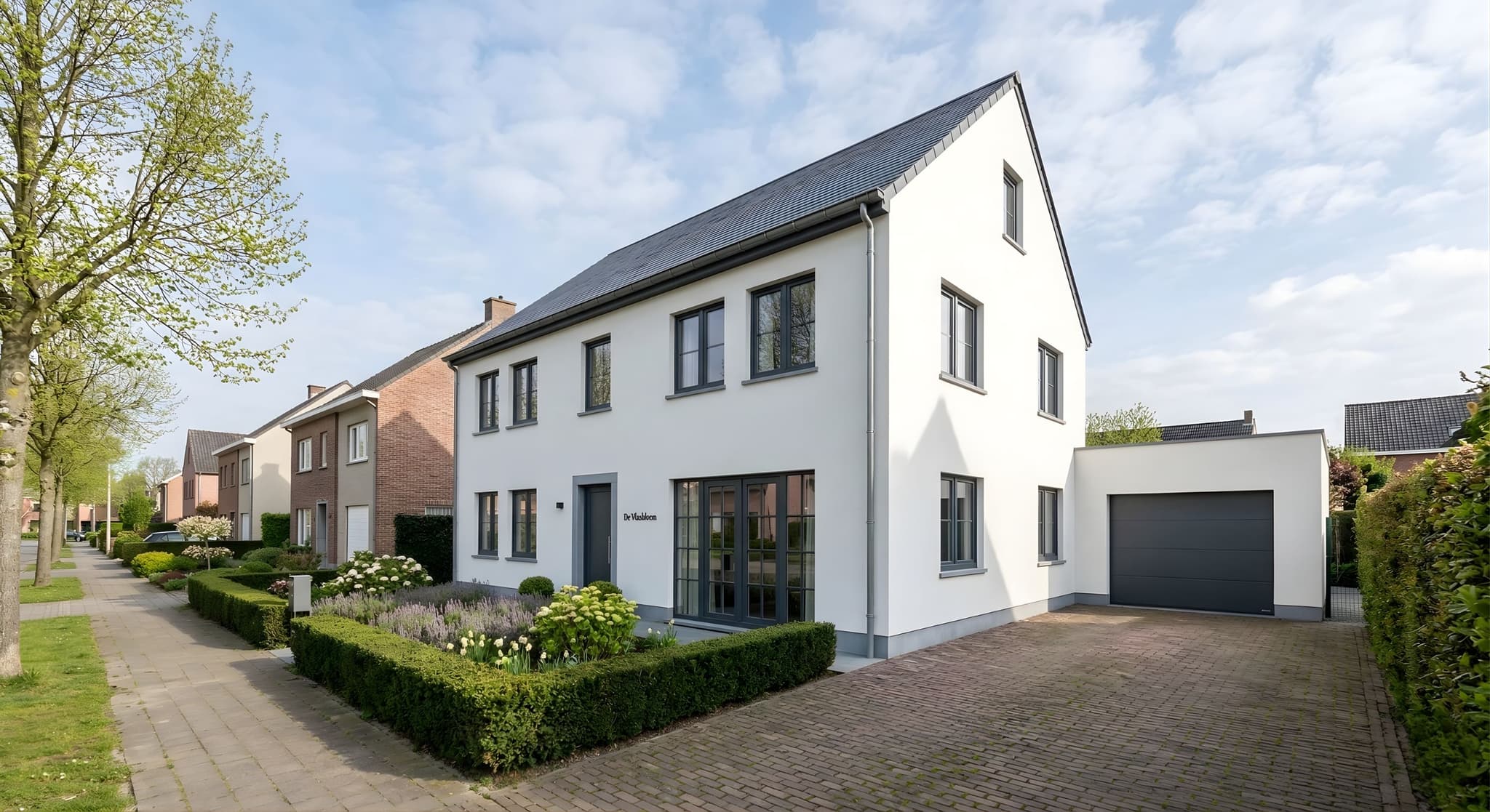 Vlaamse halfopen bebouwing met strakke witte crepi gevelafwerking