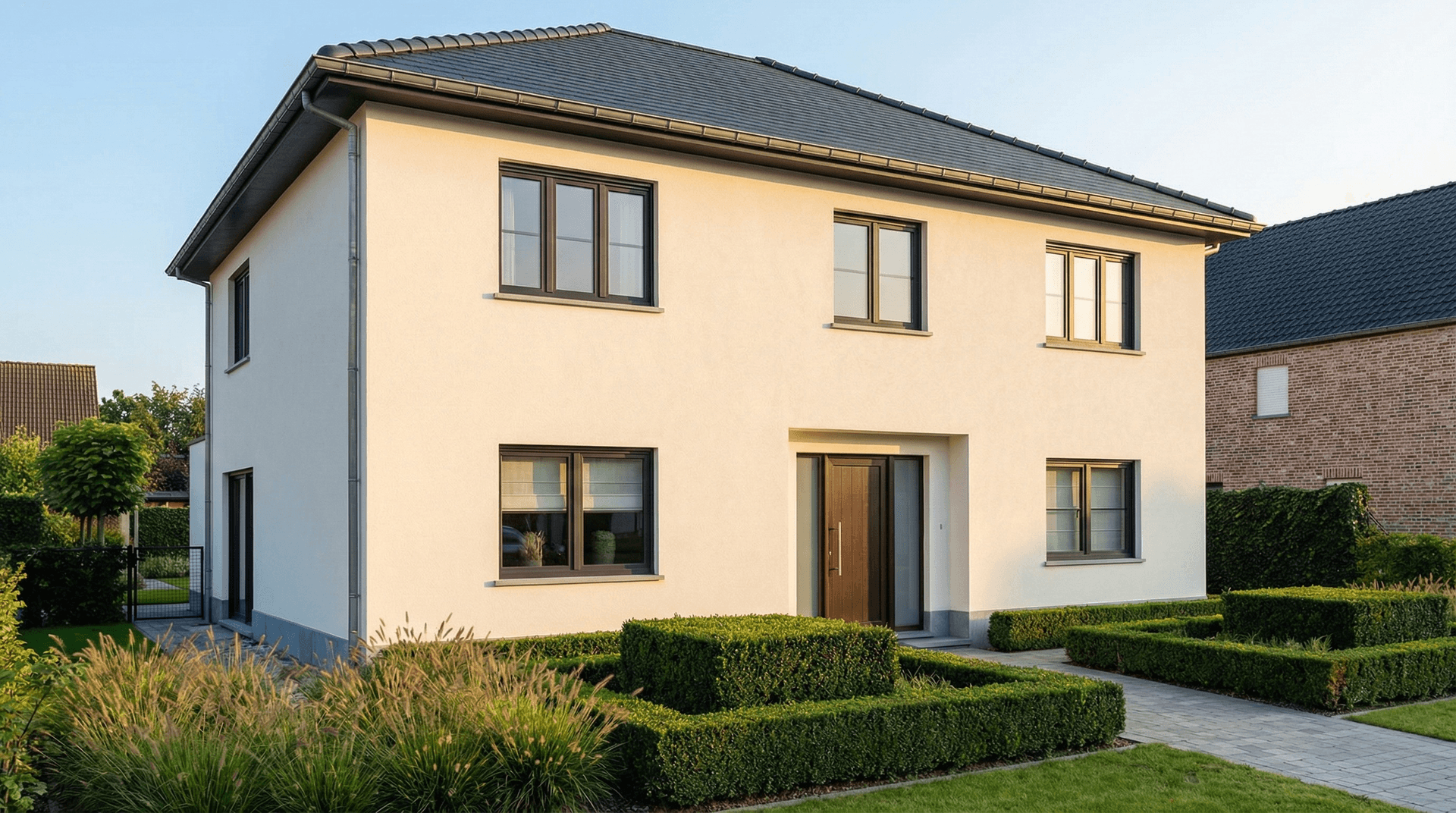 Belgische woning met crème kleurige crepi gevelafwerking - resultaat van buitengevelisolatie