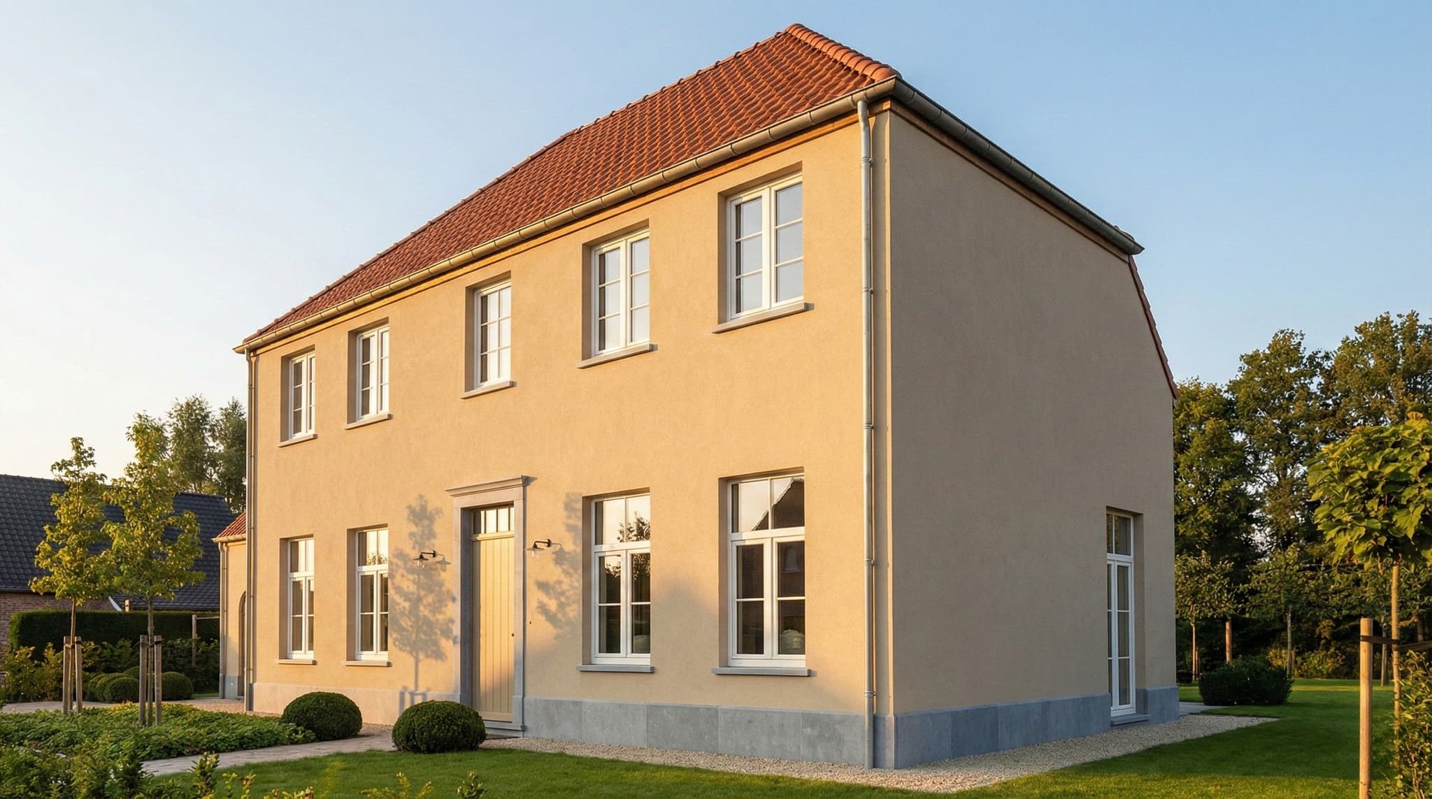 Woning met beige zandkleurige crepi gevel