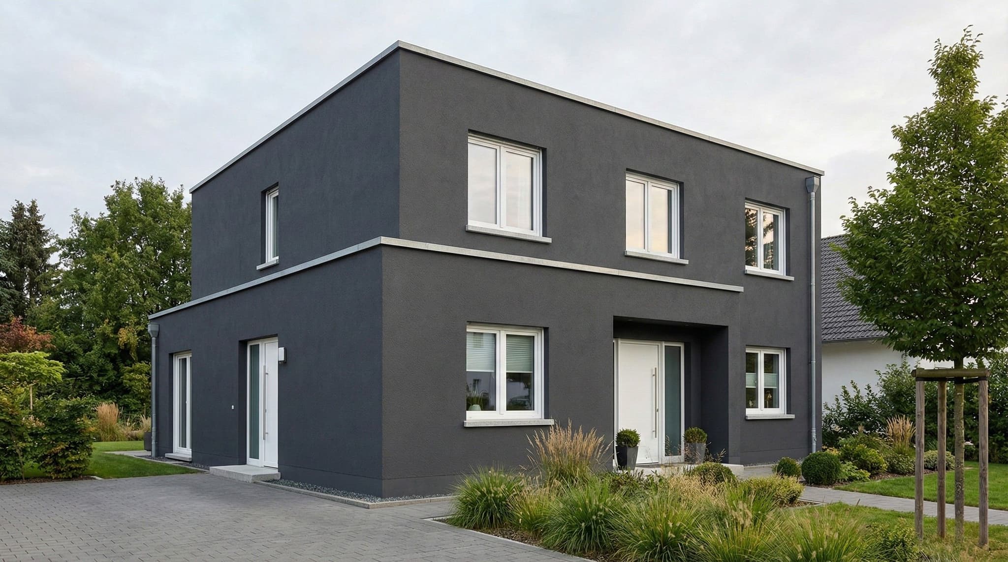 Woning met donkere crepi gevel en witte accenten