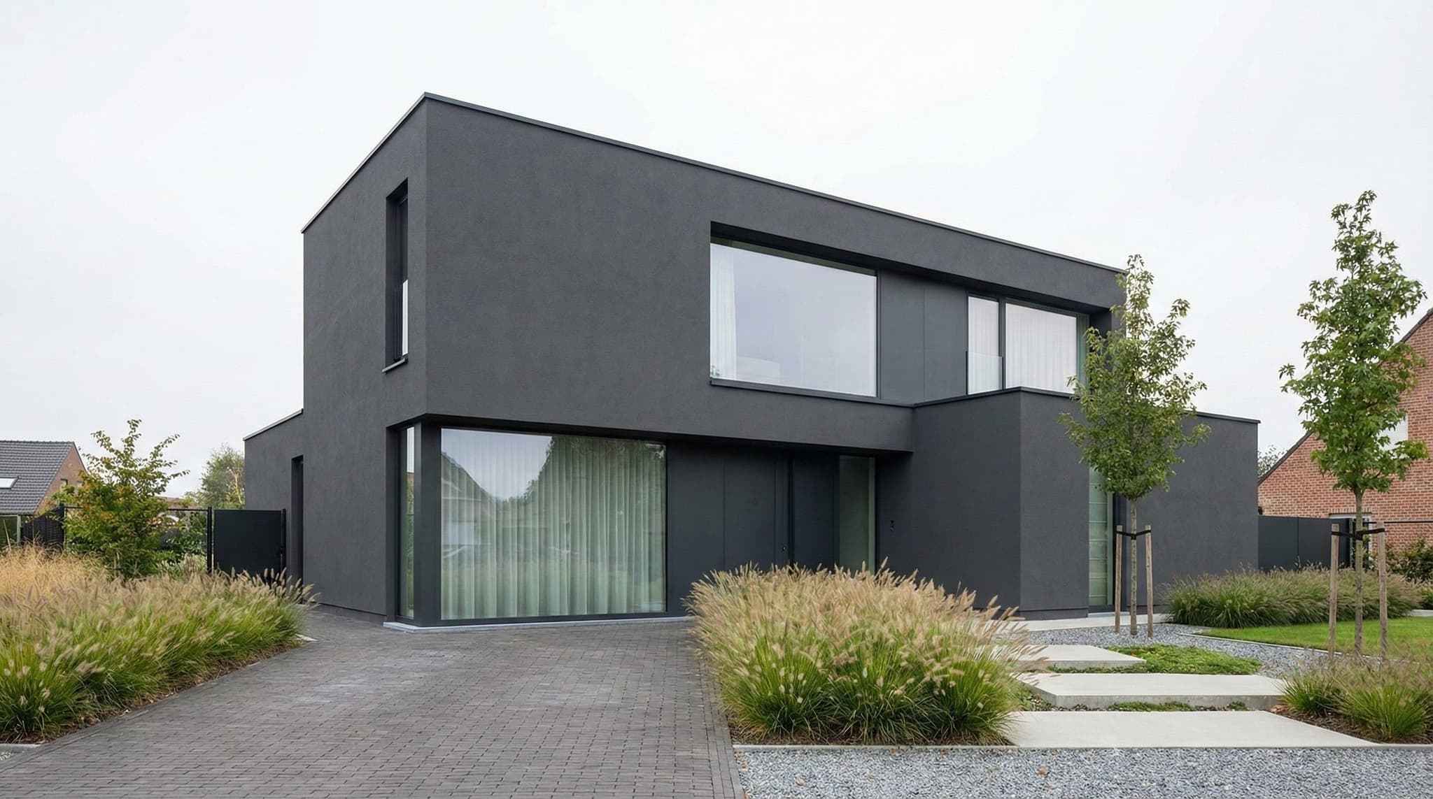 Moderne woning met grijze antraciet crepi gevel