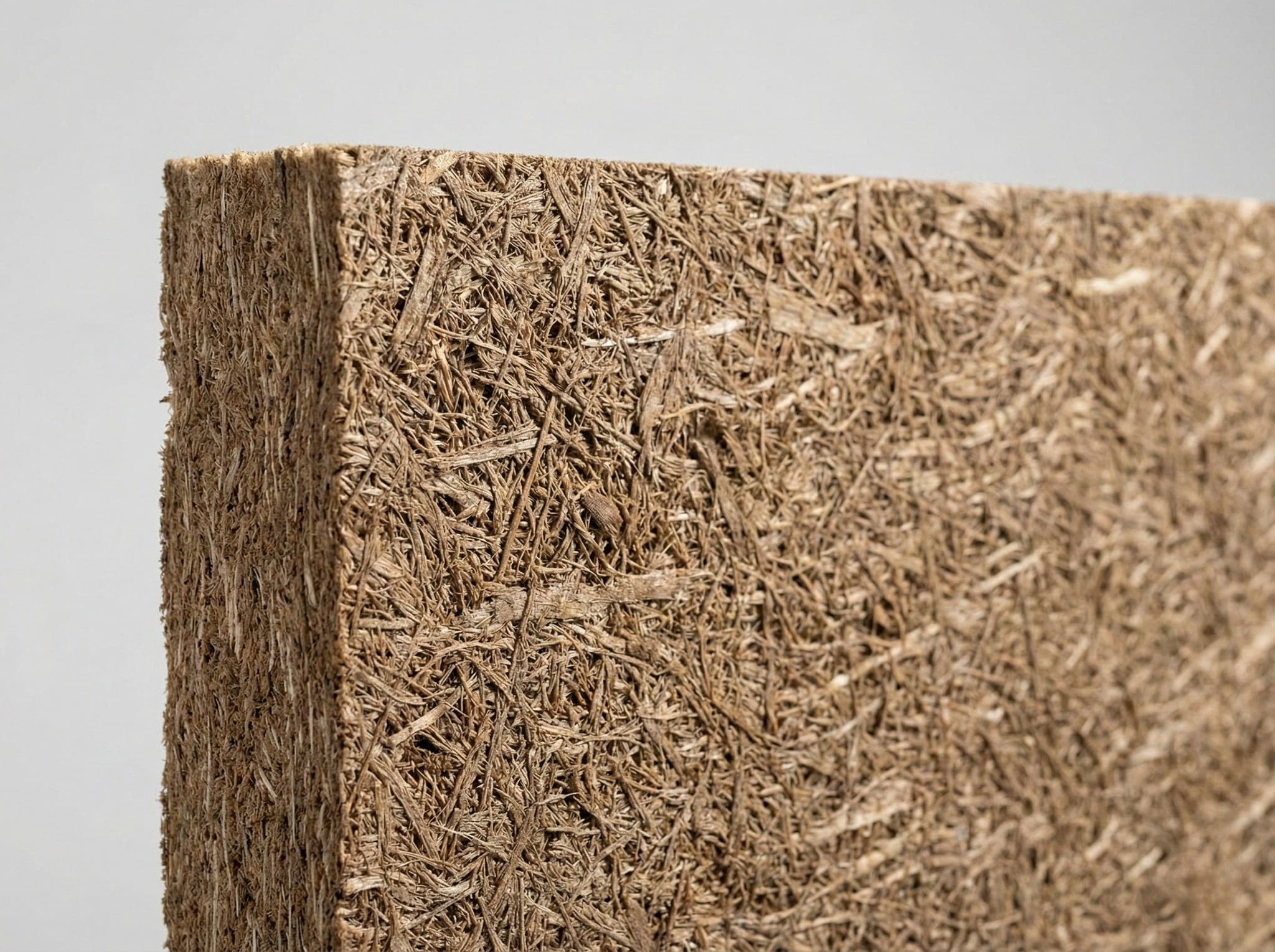 Close-up van houtvezel isolatieplaat met natuurlijke bruine textuur