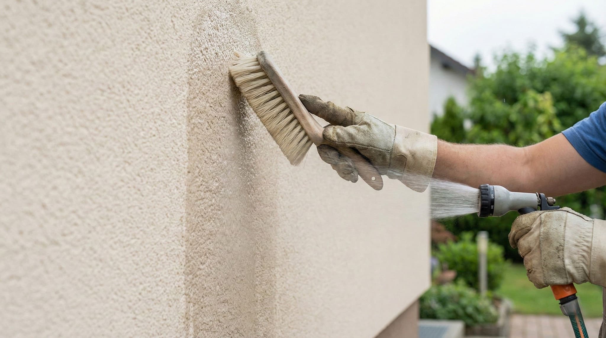Zachte reiniging van crepi gevel met borstel en water