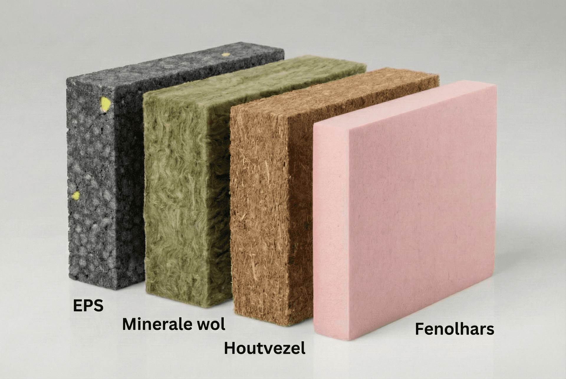 Vergelijking isolatiematerialen - EPS, minerale wol, houtvezel en fenolhars naast elkaar