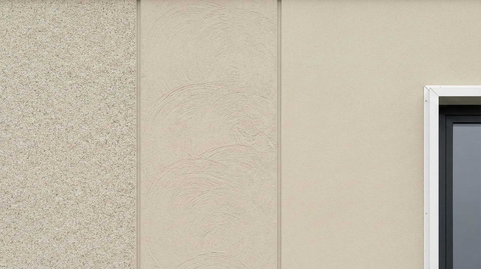 Vergelijking crepi structuren - korrelcrepi, schuurpleister en glad crepi naast elkaar