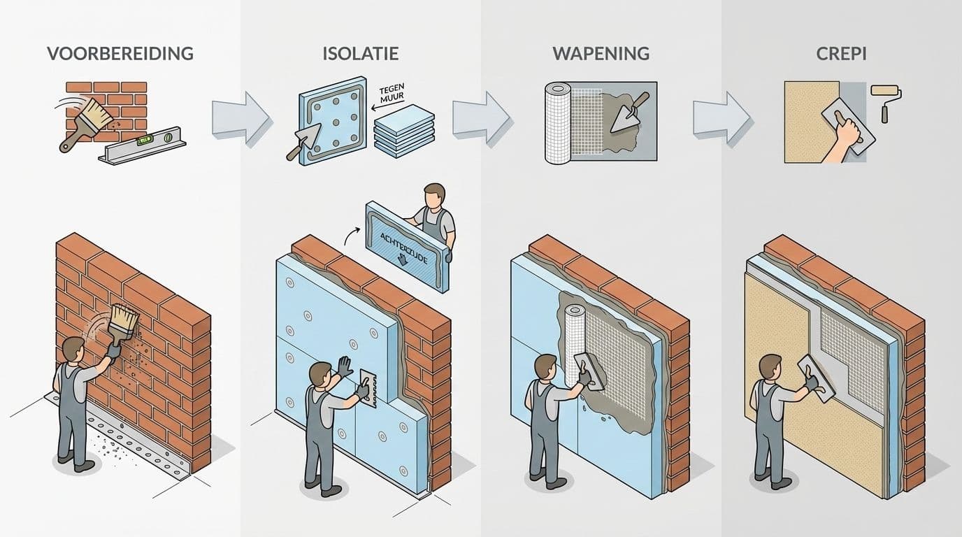 Vakman aan het werk tijdens gevelisolatie installatie met stelling